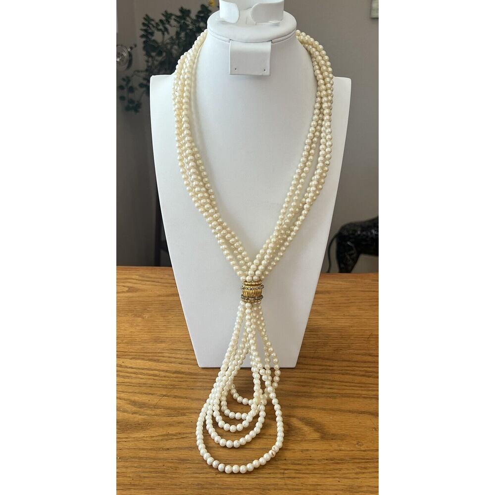 Vtg DELILLO Long Necklace Multi Strand Faux Pearl Beads String Knotted Signed